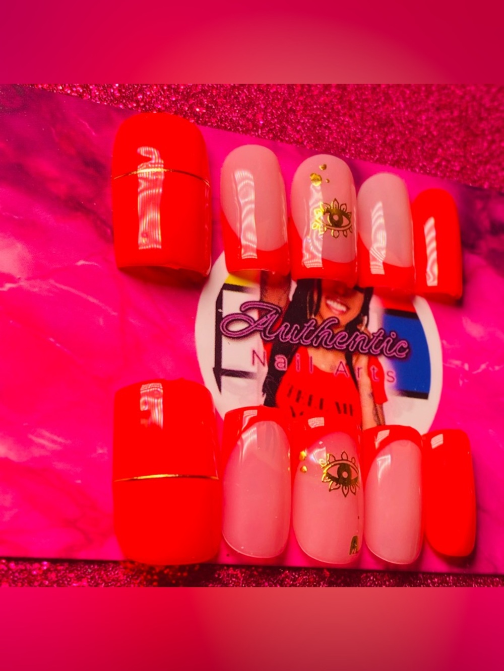 Red and Pink French Tip Press-On Nails with Gold Eye Accent